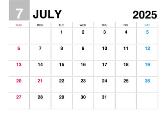 2025年7月のカレンダー日曜始まり