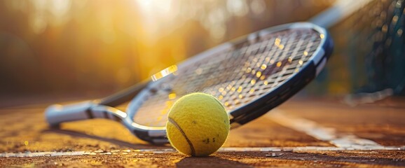 Sunny background showcasing a closeup of tennis racket and yellow tennis ball