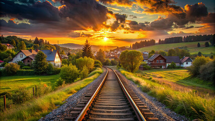 Fototapeta premium A scenic view of train tracks winding through a green valley as the sun sets behind rolling hills, casting a golden glow on the sky and landscape