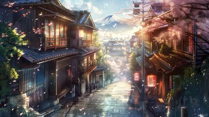 A quaint neighborhood street with traditional houses, blooming cherry blossoms, and a serene ambiance, set against a backdrop of mountains at dusk.
