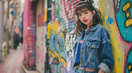 Obraz premium Stylish young woman in a denim jacket poses confidently beside a vibrant graffiti wall, showcasing urban fashion and street art culture in a colorful, energetic setting.