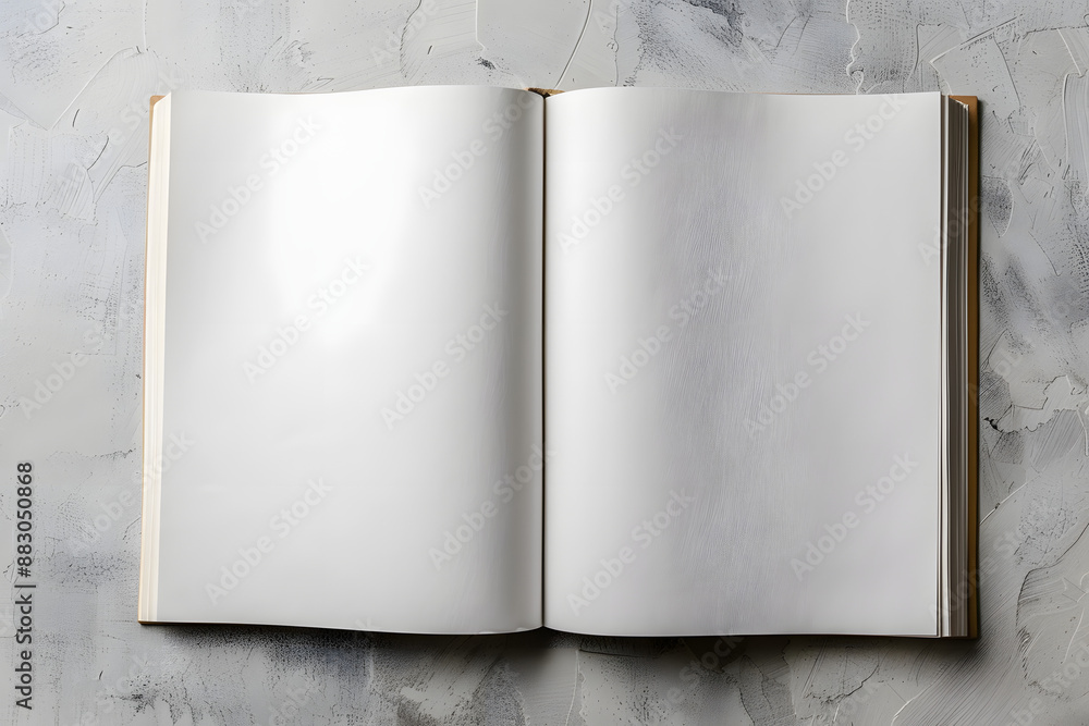 Poster open notebook with blank pages on grey textured background, top view. mockup for design