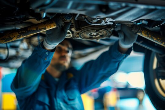 A mechanic wearing gloves inspects the undercarriage of a car lifted on a hoist in an auto repair shop