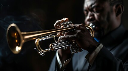 Obraz premium A close-up view of a jazz musician playing a trumpet, with the instrument sharply in focus against a dark, smoky background, capturing the essence of a live performance.