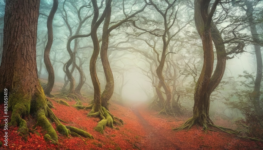 Poster a path winds through a dense forest on a foggy day, lined by trees with red leaves and moss covered 