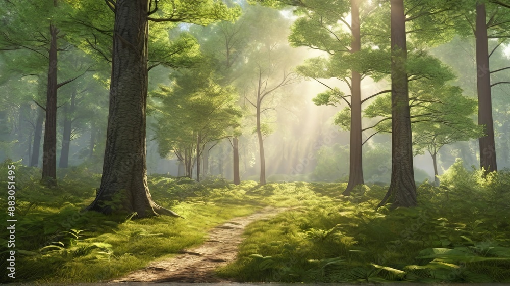 Poster a winding path cuts through a dense forest, sunlight streaming through the canopy and illuminating t