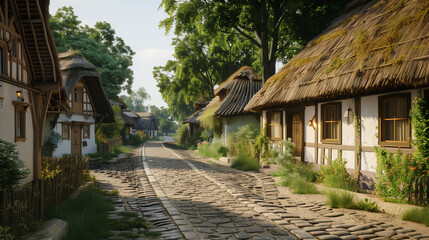 Fototapeta premium Traditional Hungarian village with thatched roof houses