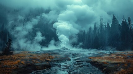 Eerie Geyser Erupting In A Misty Forest