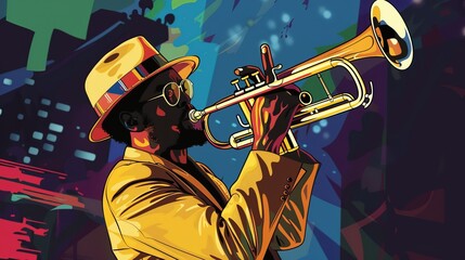 A vibrant illustration featuring a trumpeter passionately playing jazz music in a colorful cityscape. The image captures the lively energy of a nightlife scene.