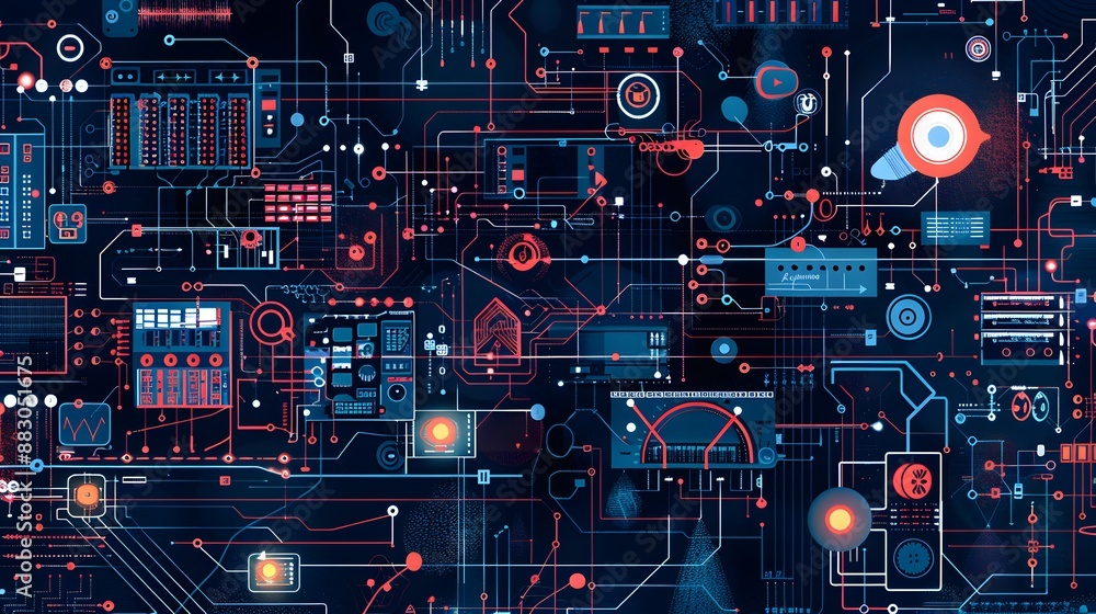 Poster an intricate digital diagram displaying the signal flow path from input sources such as microphones 