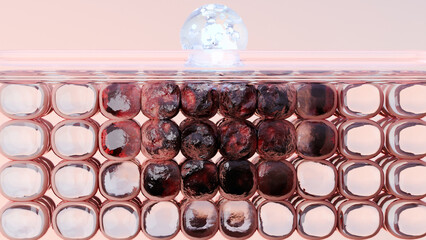 Sunscreen Cream or serum drop, Ultraviolet shield reflect UV sun light, Sunburn, skin cells, aging, sunblock lotion, SPF Ultraviolet Rays protection, Advertisements for cosmetics, collagen, 3d render