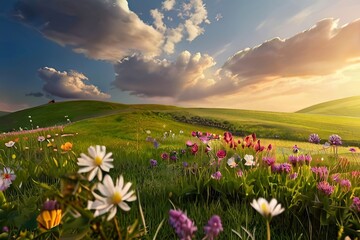 Fototapeta premium A field of wildflowers in full bloom, bathed in the golden light of the setting sun. The rolling hills and lush greenery create a serene landscape