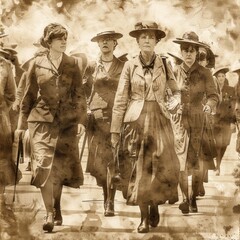 3. Historical suffragettes marching, vintage, sepia tones, sketch, honoring the women's suffrage movement