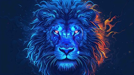 A lion with blue eyes and a fiery mane