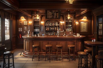Traditional or British style bar or pub interior, with wooden paneling