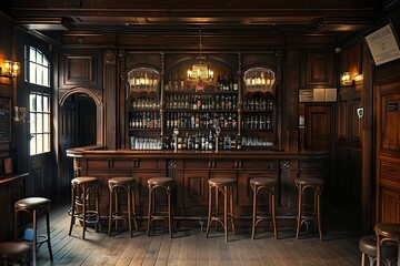 Traditional or British style bar or pub interior, with wooden paneling