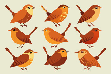 A set of bunches of Beautiful birds Wren with different designs vector illustration