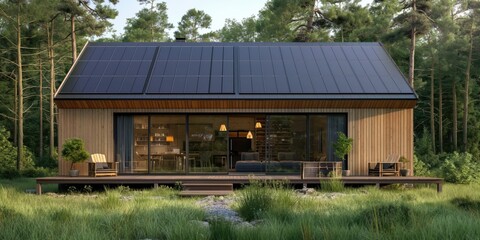 Suburban passive house with solar panels in green summer forest. AI generative image.