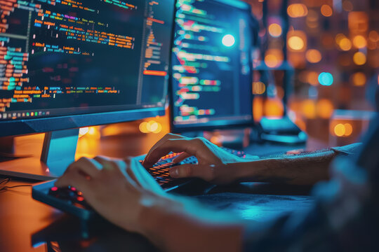 Programmer's hands on keyboard writing source code, screen showing code.