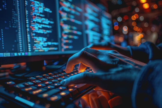 Programmer's hands on keyboard writing source code, screen showing code.