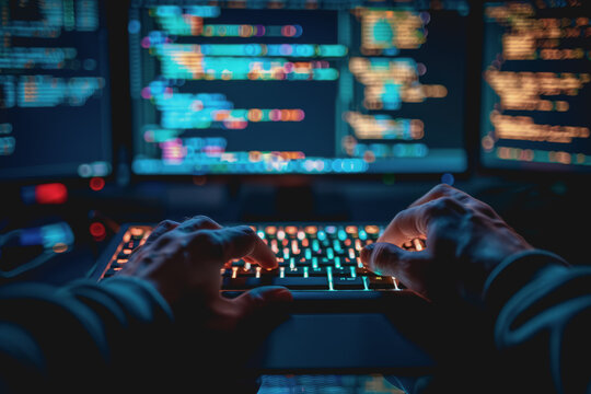 Programmer's hands on keyboard writing source code, screen showing code.