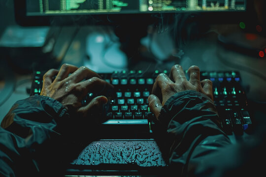 Programmer's hands on keyboard writing source code, screen showing code.