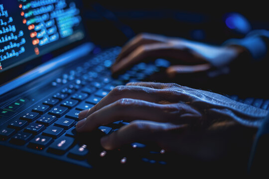 Programmer's hands on keyboard writing source code, screen showing code.