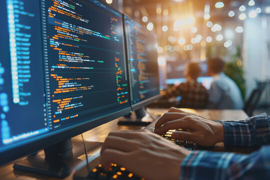Programmer's hands on keyboard writing source code, screen showing code.