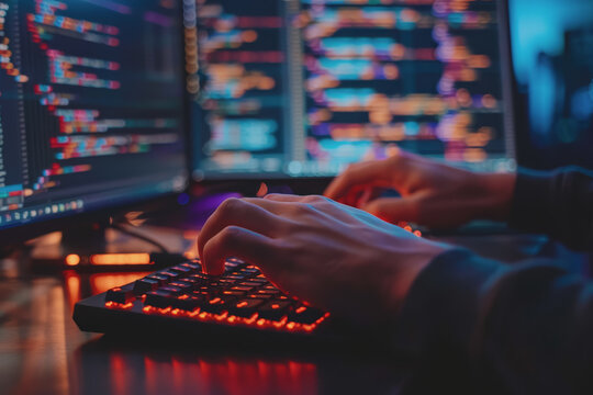 Programmer's hands on keyboard writing source code, screen showing code.