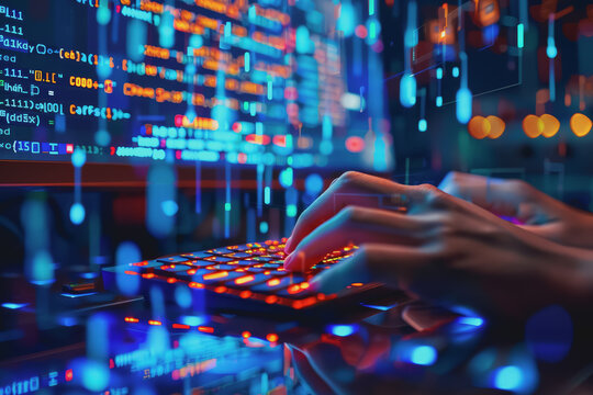Programmer's hands on keyboard writing source code, screen showing code.