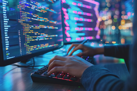 Programmer's hands on keyboard writing source code, screen showing code.