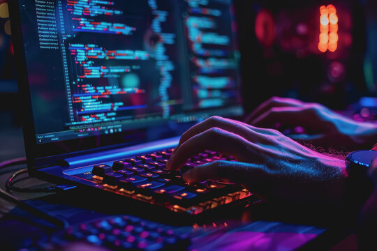 Programmer's hands on keyboard writing source code, screen showing code.