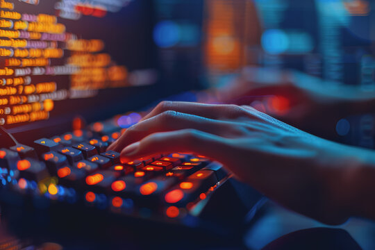 Programmer's hands on keyboard writing source code, screen showing code.