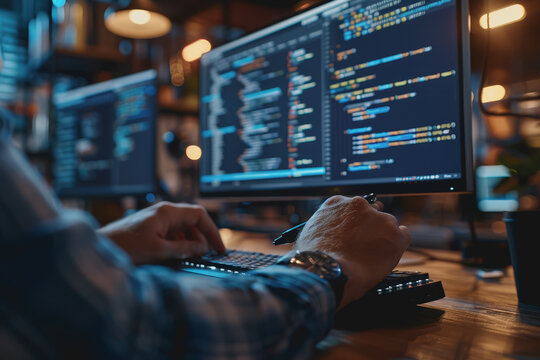 Programmer's hands on keyboard writing source code, screen showing code.