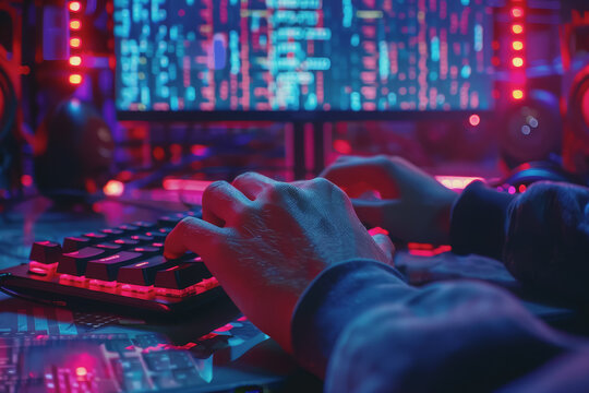 Programmer's hands on keyboard writing source code, screen showing code.
