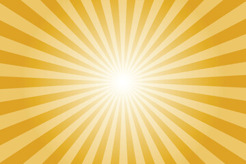 Yellow background with white sun ray. Pattern of starburst. Abstract golden yellow texture with light of sunburst. Radial beam of sunlight. Retro background with flash. Design of sunbeams.