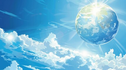 International Day Ozone Layer. Horizontal banner. Planet earth surrounded by clouds, blue sky. The problem of climate change. Concept of environmental problems and global warming. Free space for text