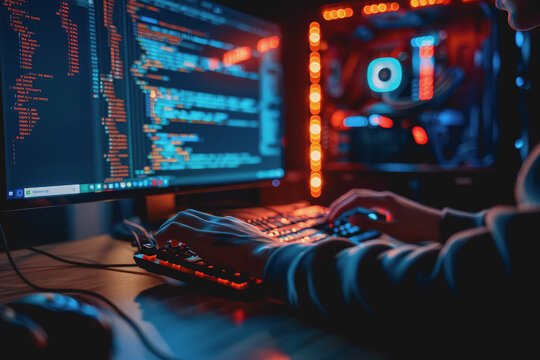 Programmer's hands on keyboard writing source code, screen showing code.