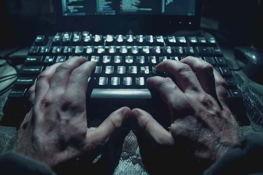 Programmer's hands on keyboard writing source code, screen showing code.