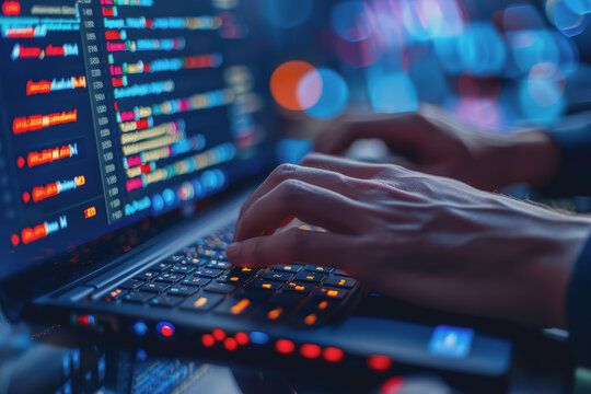 Programmer's hands on keyboard writing source code, screen showing code.