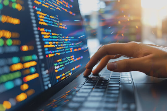 Programmer's hands on keyboard writing source code, screen showing code.