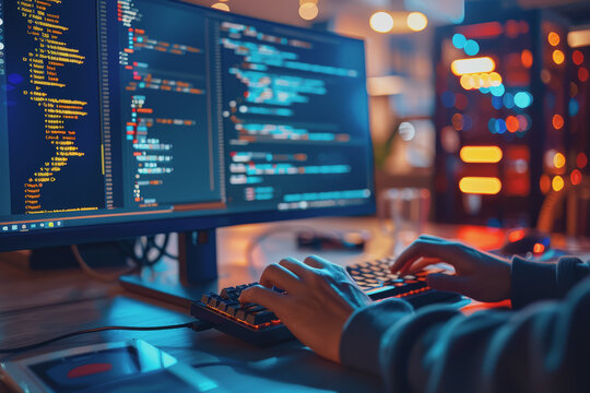 Programmer's hands on keyboard writing source code, screen showing code.