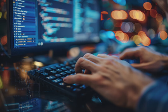 Programmer's hands on keyboard writing source code, screen showing code.