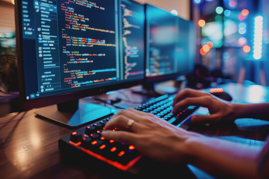 Programmer's hands on keyboard writing source code, screen showing code.