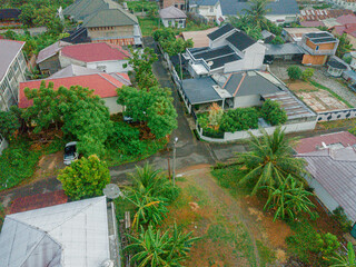 Aerial drone view of big city skyline scenery in Banda Aceh, Aceh, Indonesia.