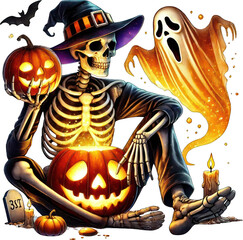 Watercolor Halloween, Ghost Party Halloween, Skeleton, Pumpkin, Spider, Commercial Use