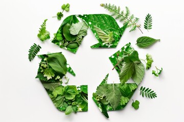 A close-up image of a green recycling symbol created from various leaves and natural elements, arranged on a clean white background