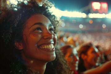 A medium close-up shot captures a diverse group of soccer fans celebrating during a night game, their faces lit up with joy and excitement