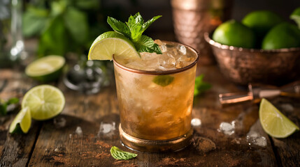 Close-up to a glass of Vanilla Whiskey Mule cocktail with ice