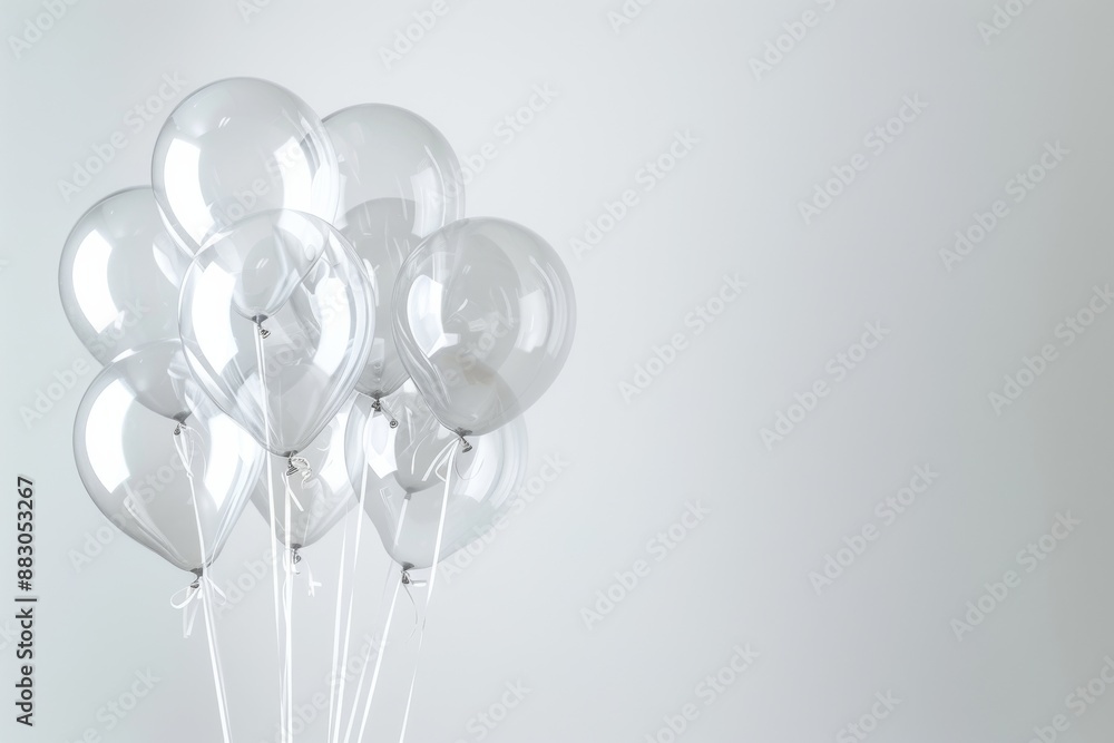 Aufkleber a cluster of transparent balloons with white strings against a plain white background